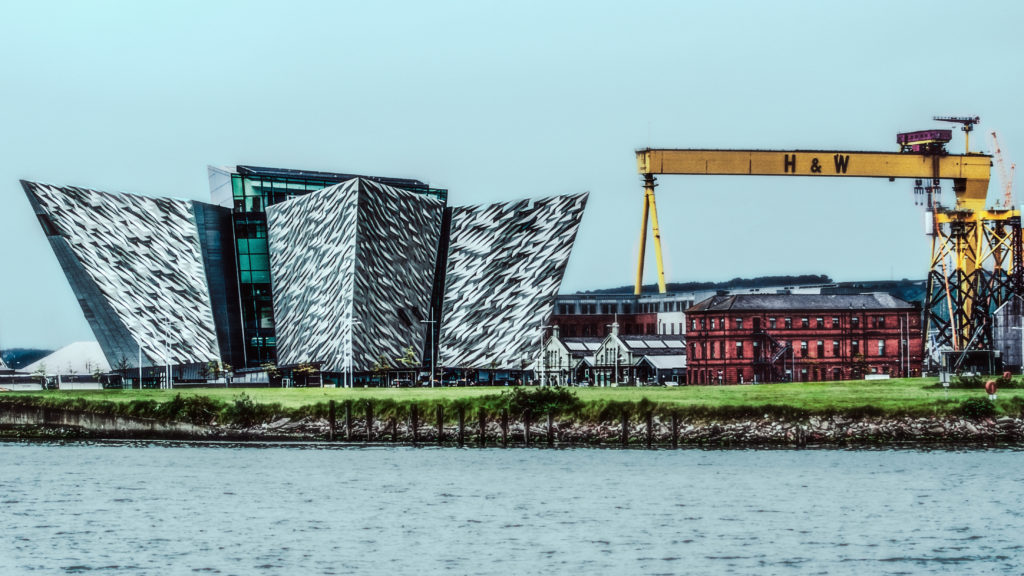 Belfast's Titanic museum and hotel with one of the famous Samson & Goliath cranes in the background