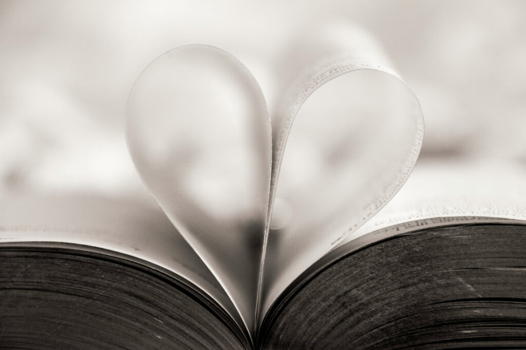 An open book with central pages curled into a heart shape