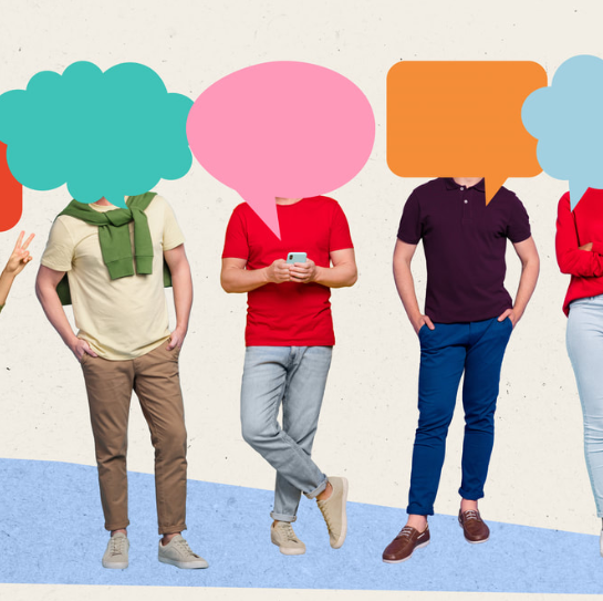 A group of characters chatting. Their dialogue is represented by different coloured speech bubbles over their heads