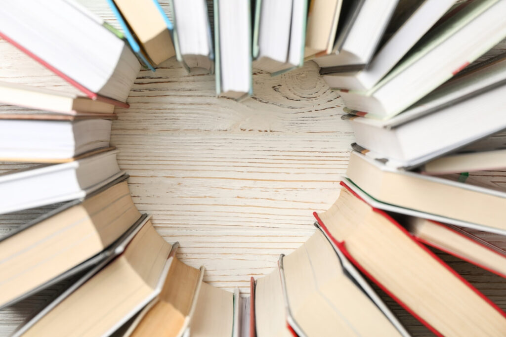 books arranged in the shape of a heart
