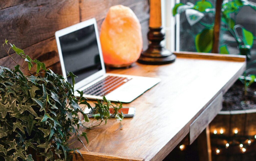Laptop on old fashioned wooden desk with plant and salt lamp
