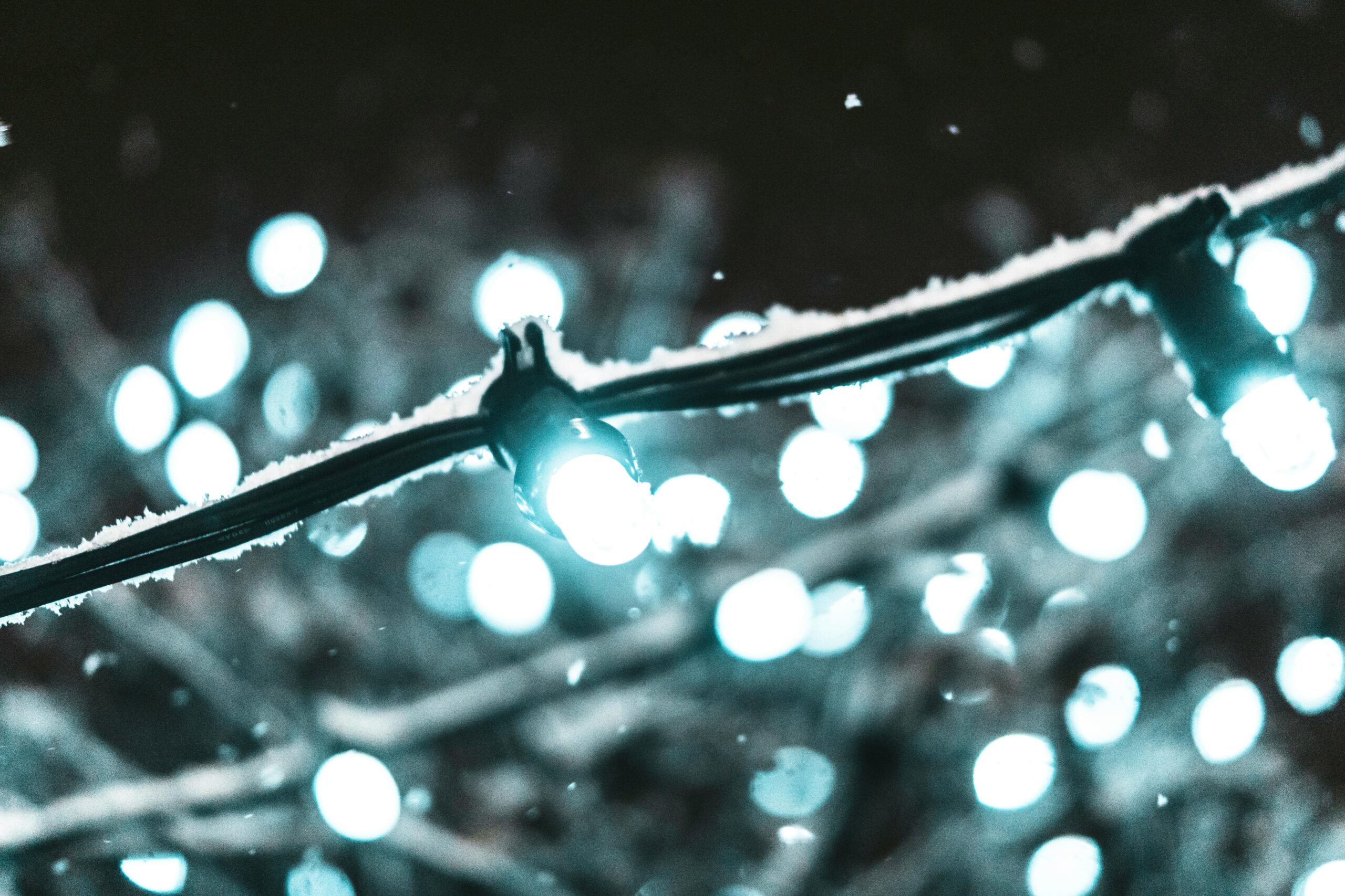Christmas lights on a snowy night