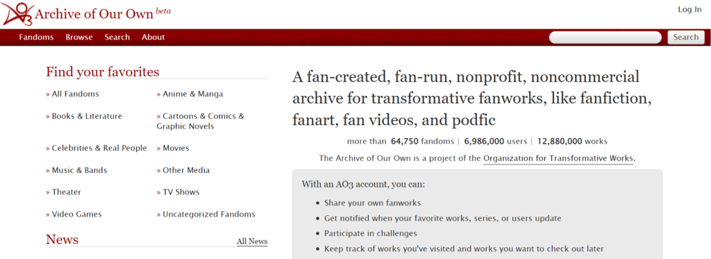 A screenshot of the homepage of Archive of Our Own