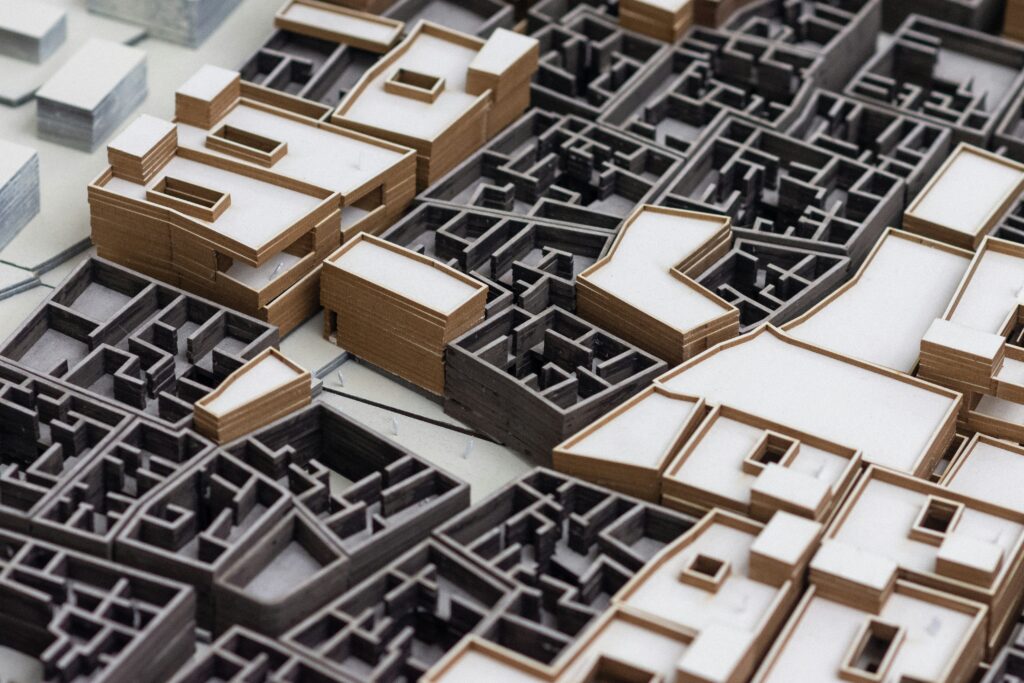 A high angle perspective on a stylised city street