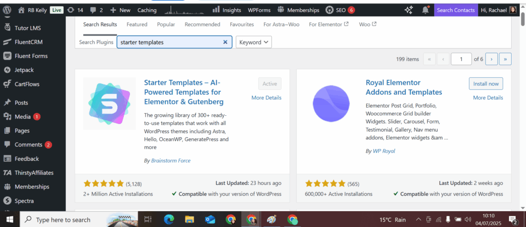 Starter Templates plugin WordPress website design author website building