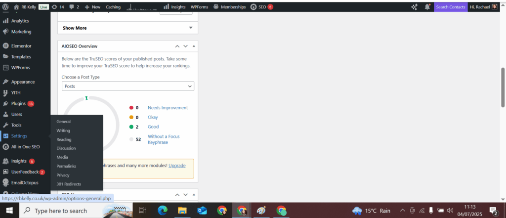 WordPress dashboard settings
