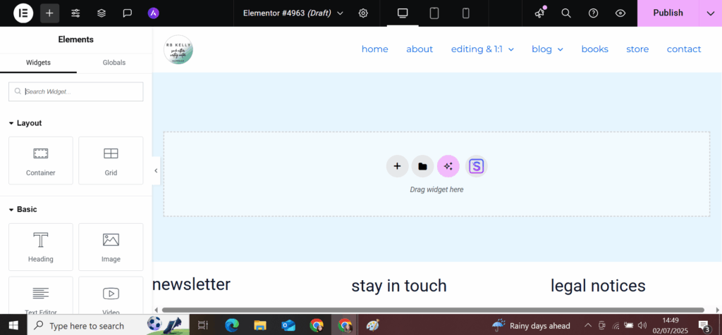 Elementor editing screen in WordPress