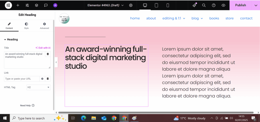 an elementor template ready for editing