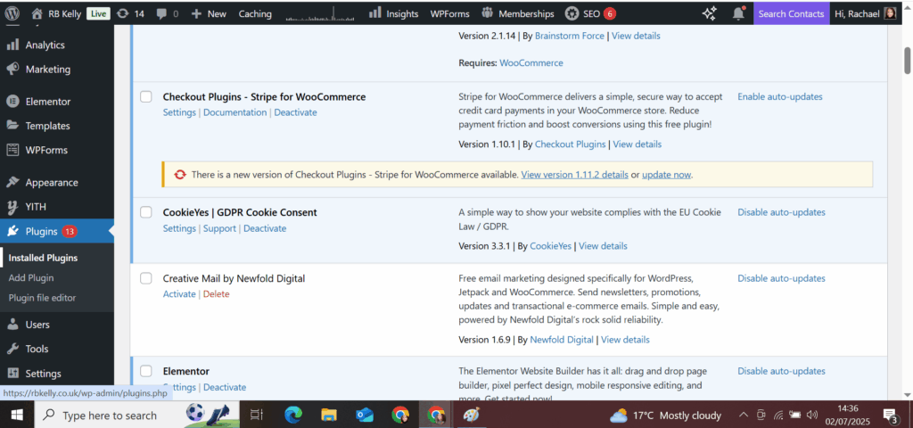 installed plugins menu wordpress site builder author website