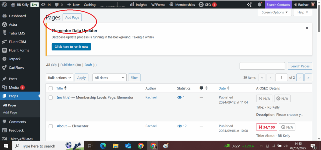 adding a new page from the WordPress pages page