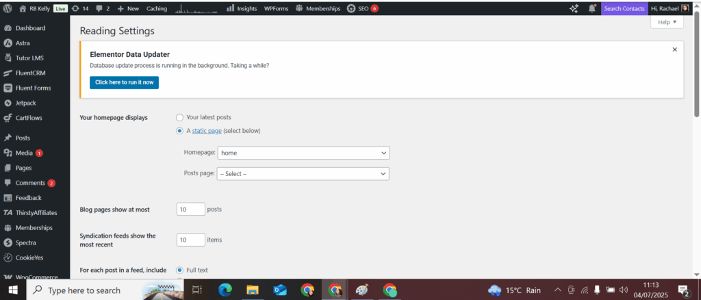 WordPress dashboard Reading Settings